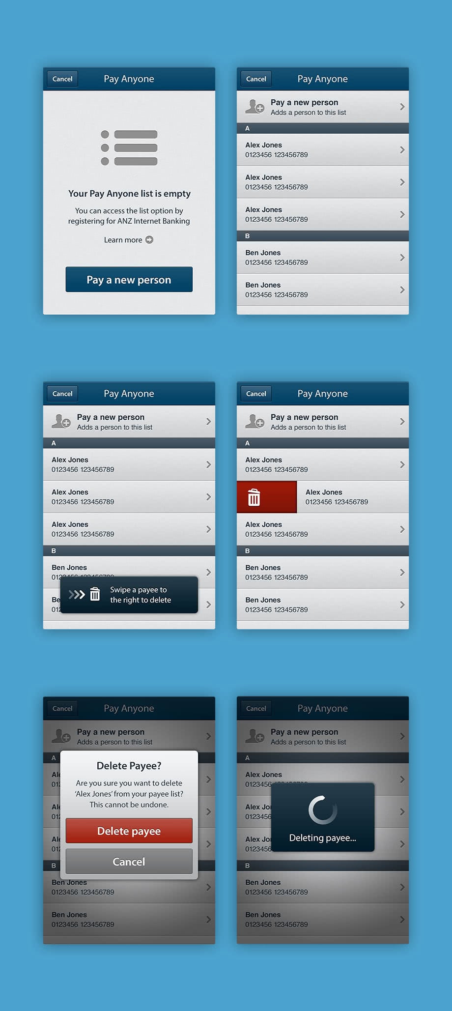 Manage payee screens