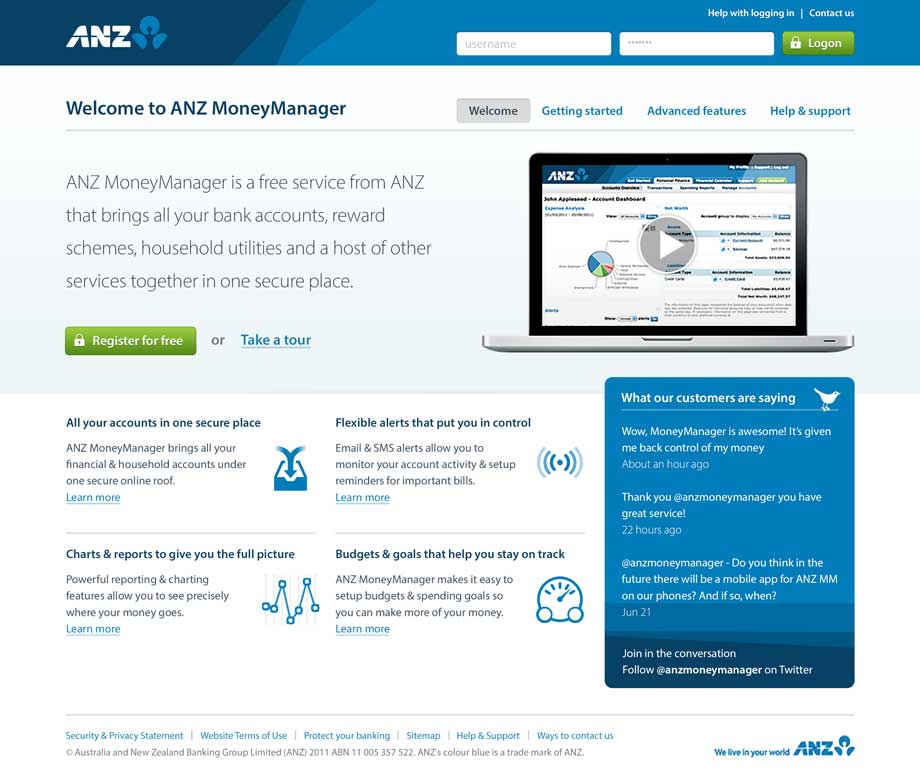 New homepage design for ANZ MoneyManager