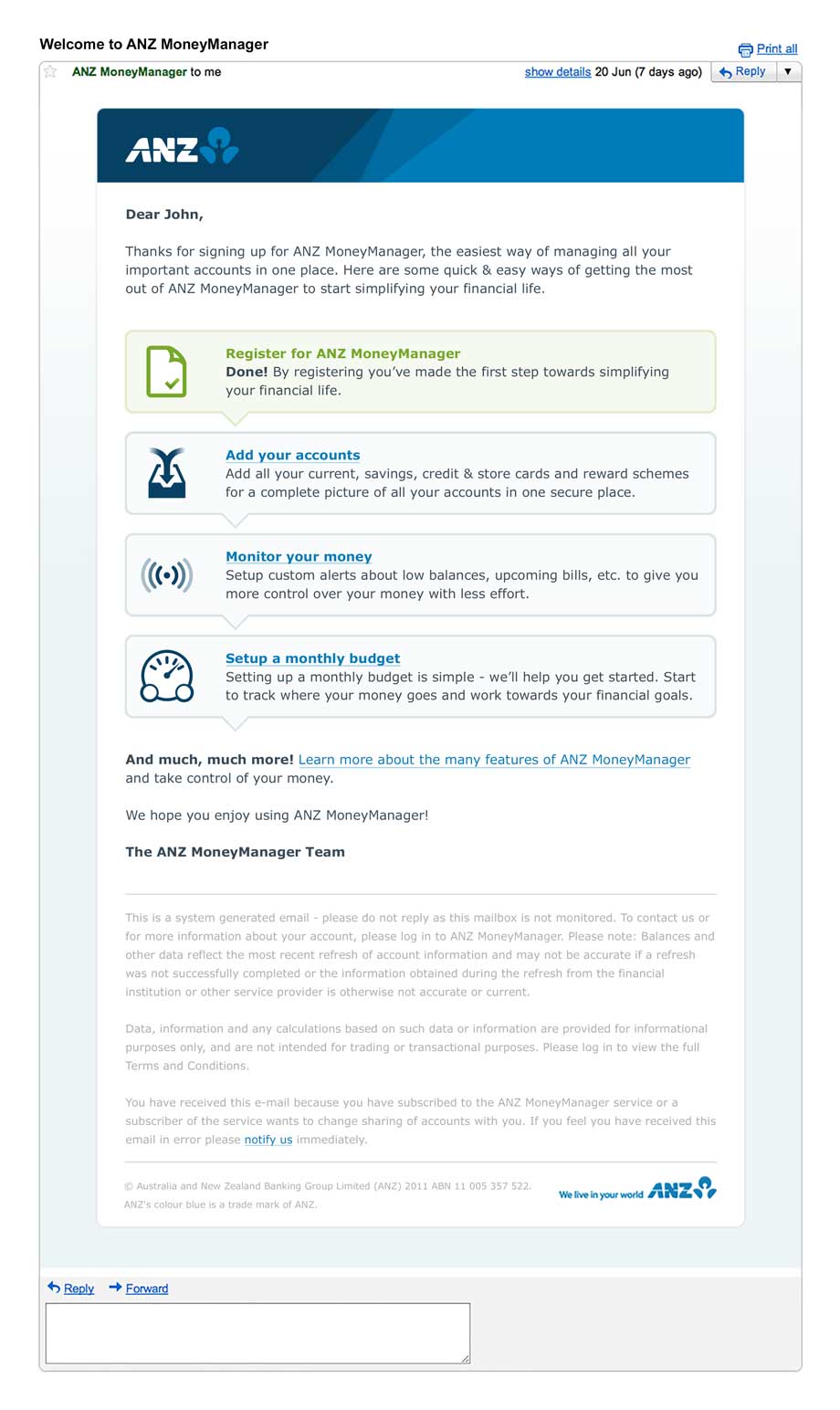 A welcome email for ANZ MoneyManager