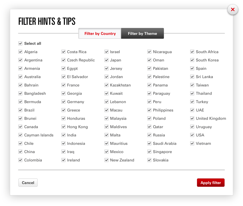 Filtering by country