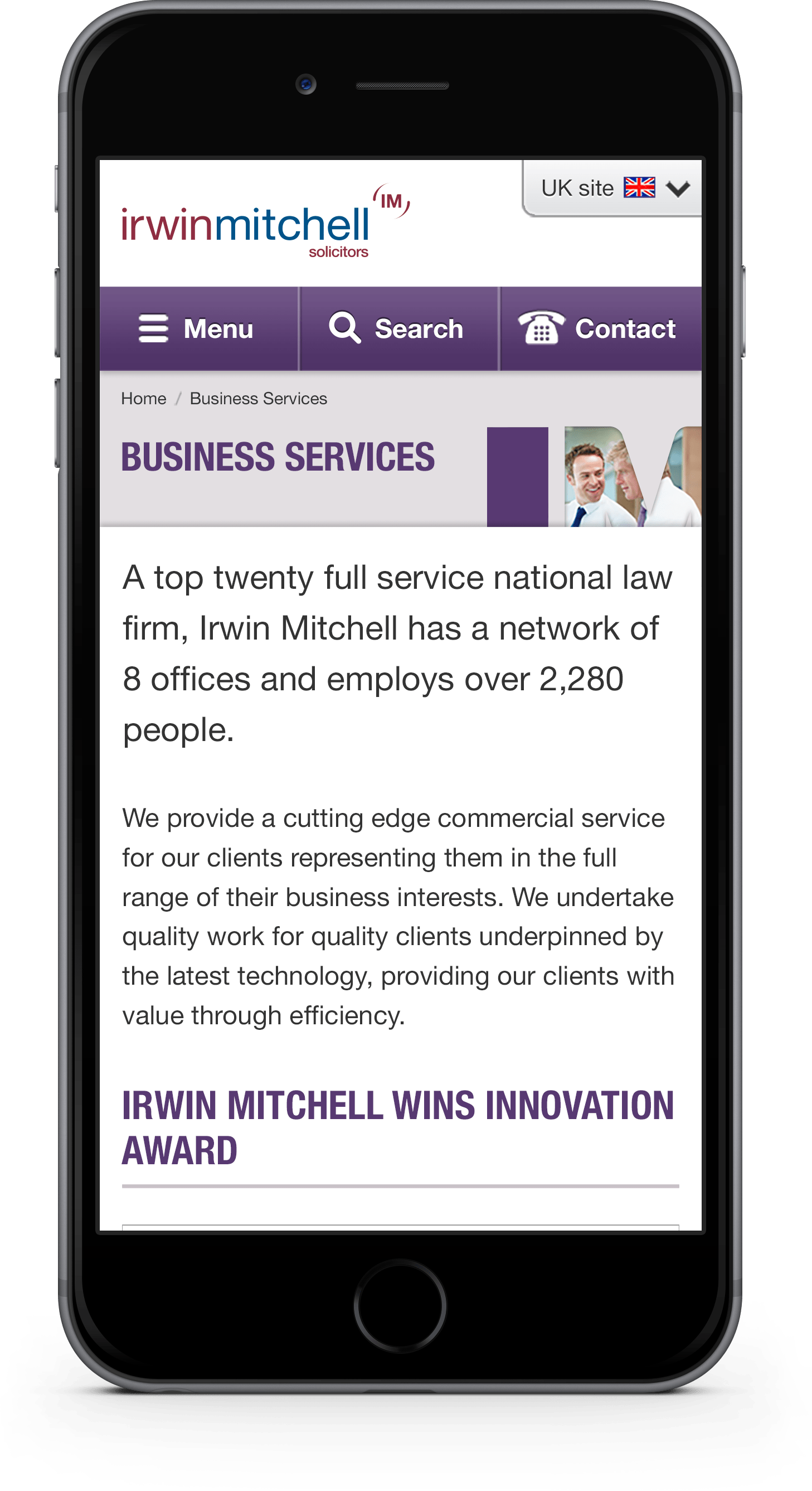 Business landing page design on mobile