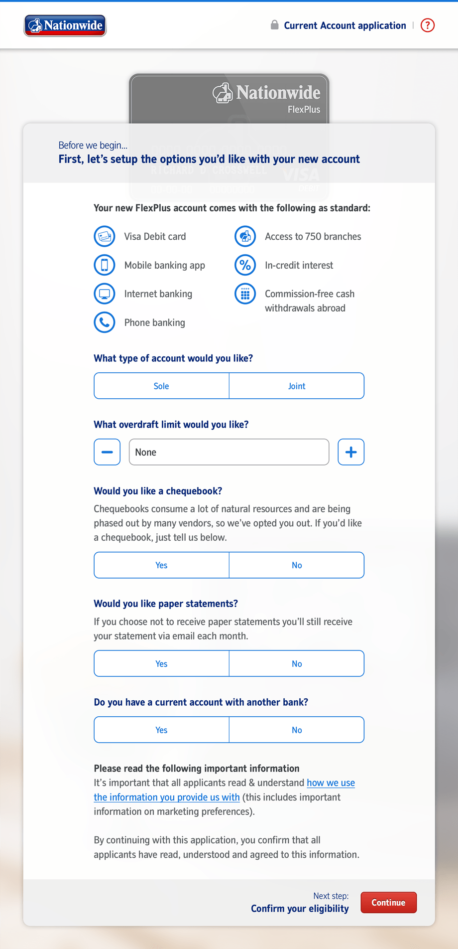 Account options screen