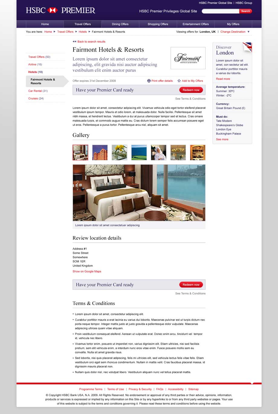 A design for a HSBC Premier Privileges offer detail page