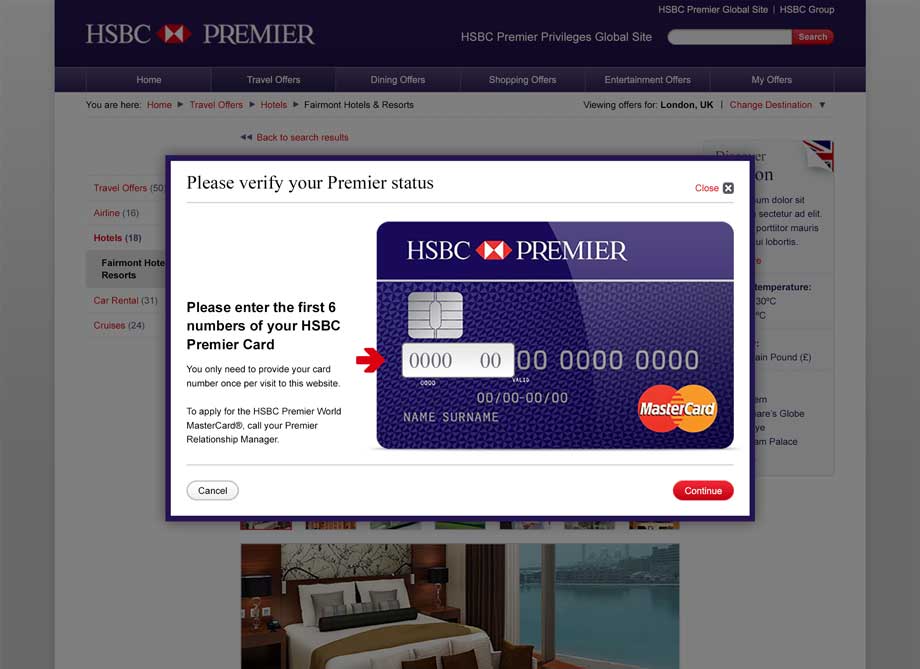 A design for a HSBC Premier Privileges offer redemption lightbox